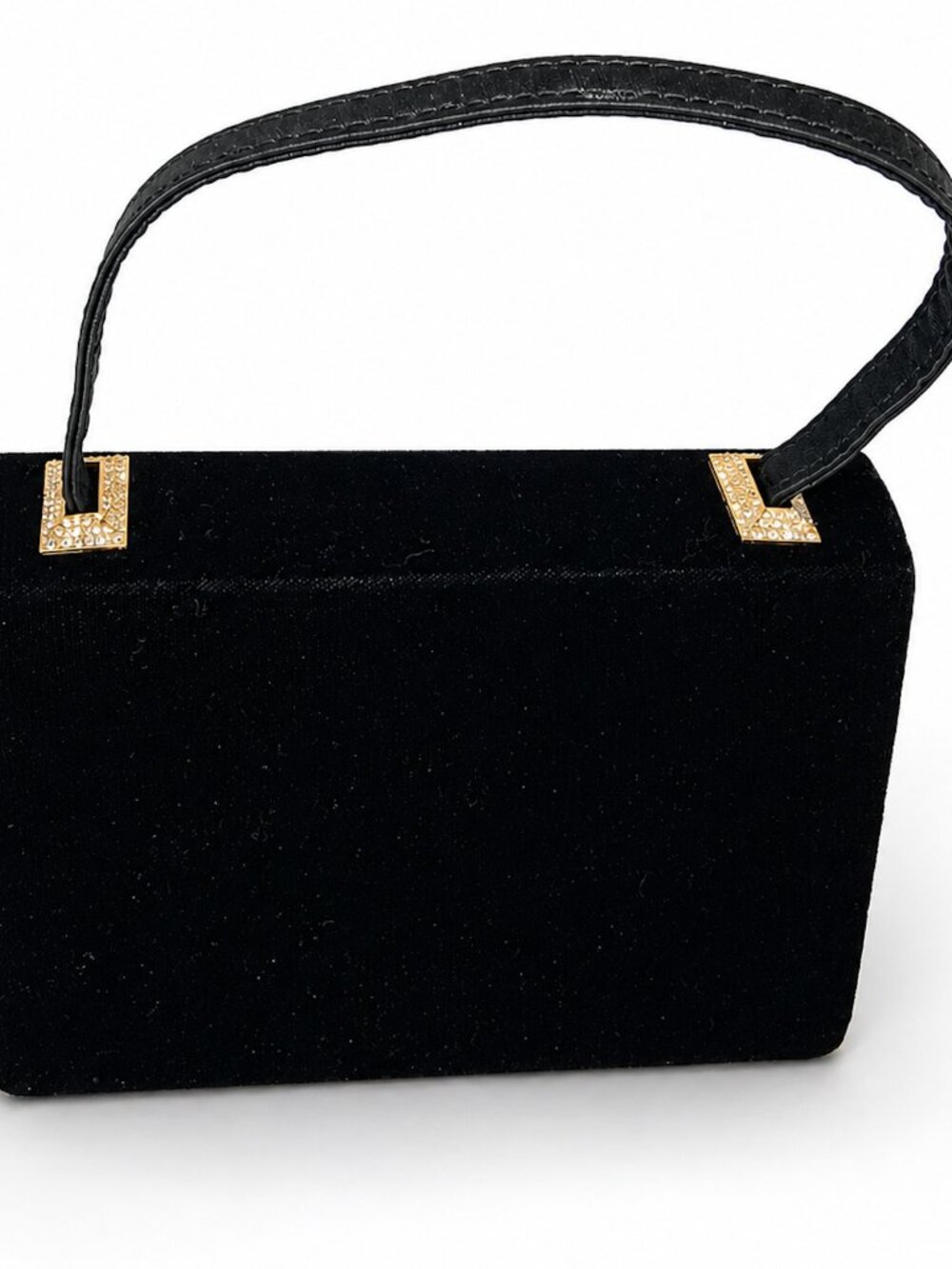 Vintage Black Velvet Evening Handbag Gold Rhinestone Accent Top Handle Purse
